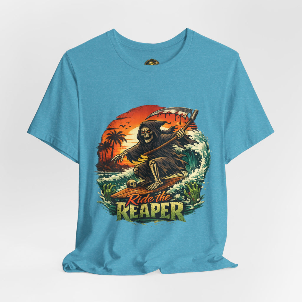 Ride the Reaper Surf T‑Shirt — Grim Reaper Surfing Graphic Tee