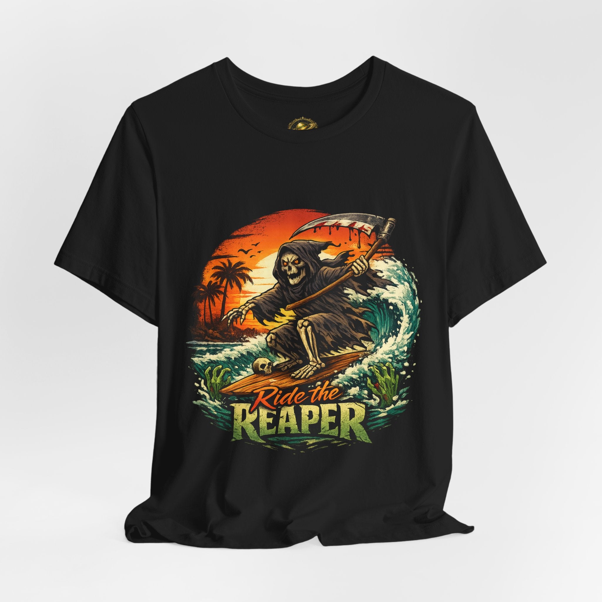 Ride the Reaper Surf T‑Shirt — Grim Reaper Surfing Graphic Tee