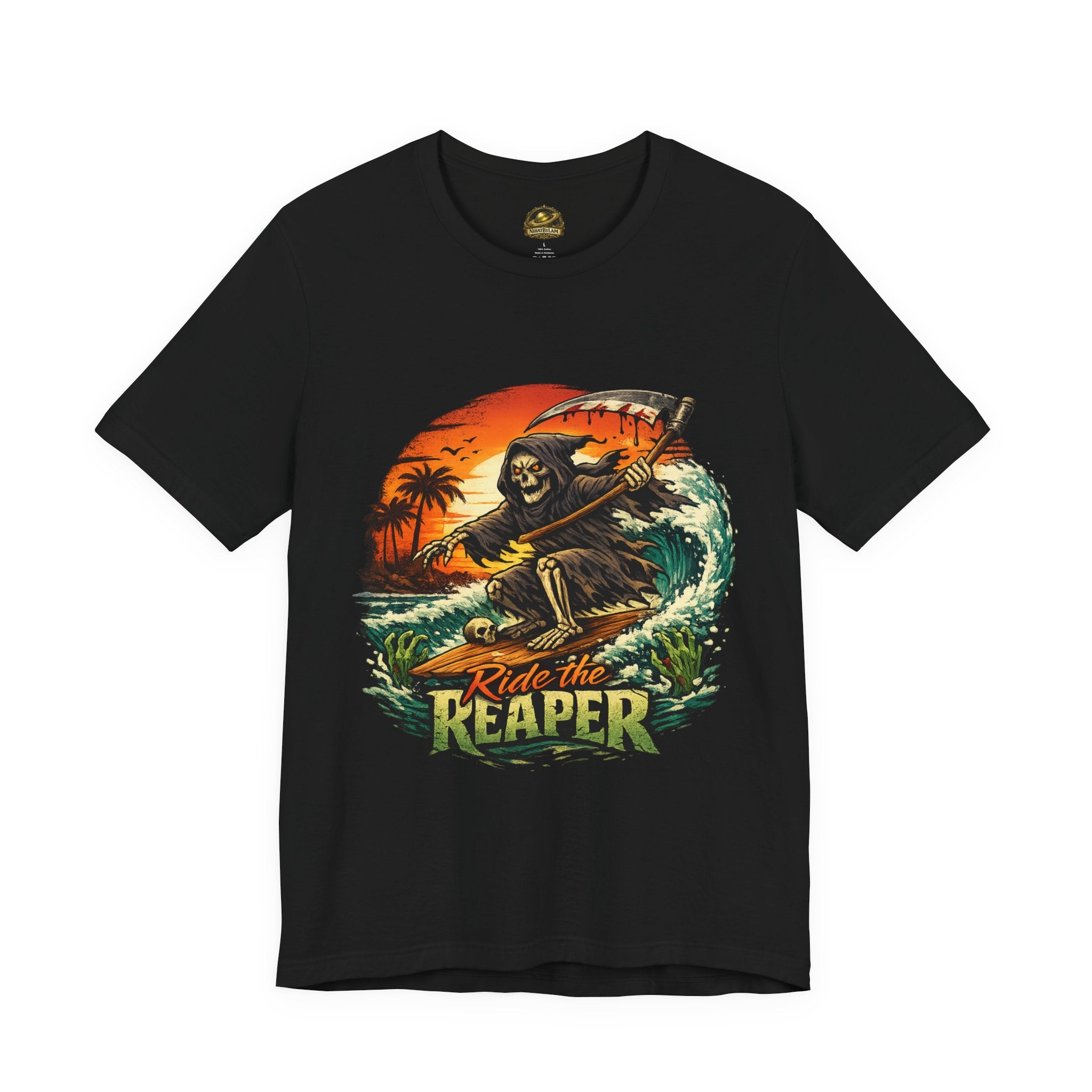 Ride the Reaper Surf T‑Shirt — Grim Reaper Surfing Graphic Tee