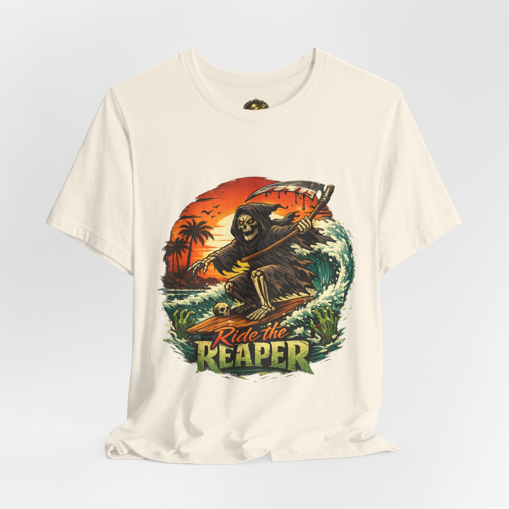Ride the Reaper Surf T‑Shirt — Grim Reaper Surfing Graphic Tee