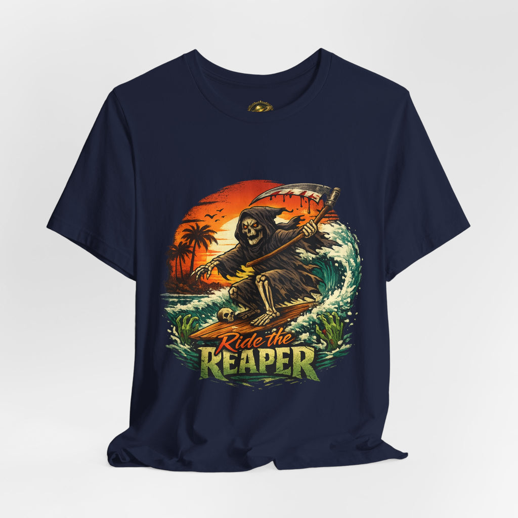 Ride the Reaper Surf T‑Shirt — Grim Reaper Surfing Graphic Tee