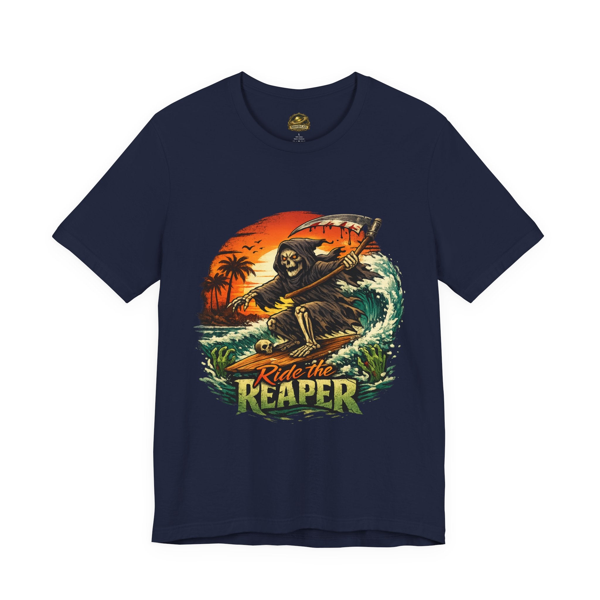 Ride the Reaper Surf T‑Shirt — Grim Reaper Surfing Graphic Tee