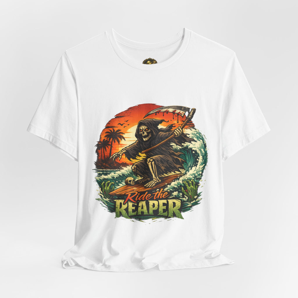 Ride the Reaper Surf T‑Shirt — Grim Reaper Surfing Graphic Tee