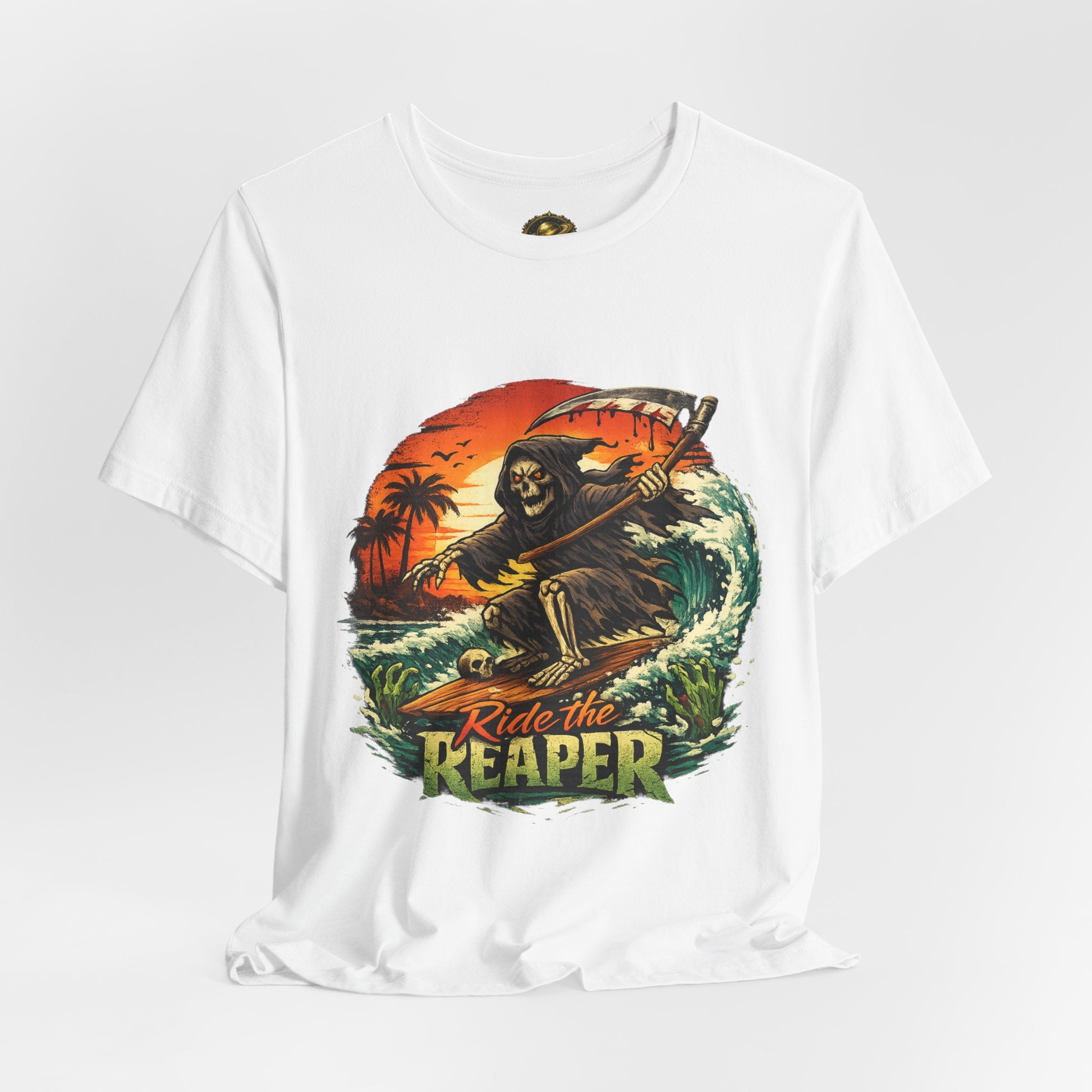 Ride the Reaper Surf T‑Shirt — Grim Reaper Surfing Graphic Tee