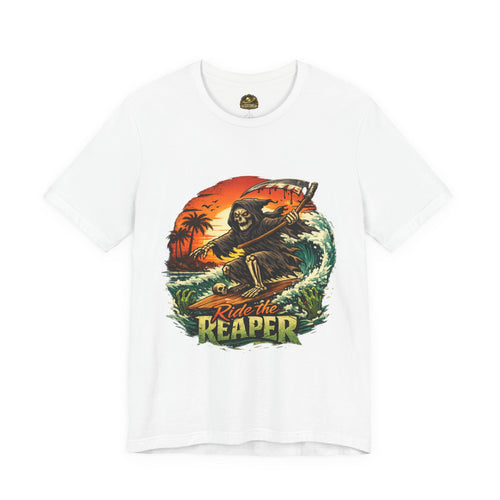 Ride the Reaper Surf T‑Shirt — Grim Reaper Surfing Graphic Tee